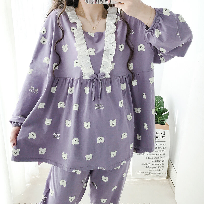 Japanese Style Bear Sweet Knitted Cotton Home Wear Fat Sister mm Princess Lace Spring and Autumn Slimming plus Size Pajamas for