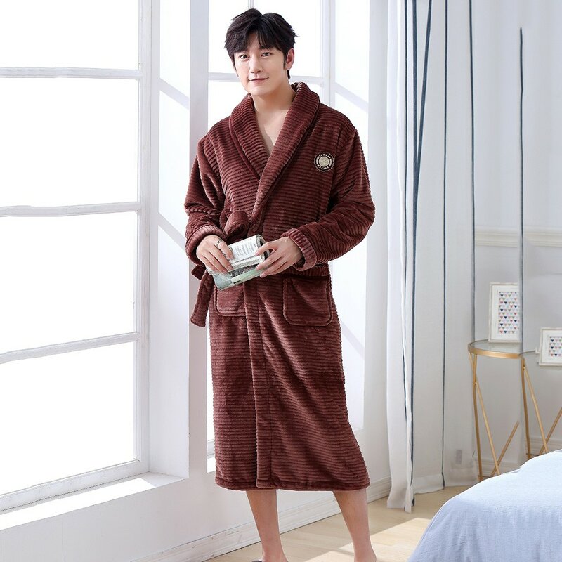 Gaun Pria Musim Dingin Flanel Pakaian Rumah Kimono Gaun Jubah Pakaian Tidur Nyaman Tetap Hangat Pakaian Malam Kasual Lembut Intim Jubah Mandi