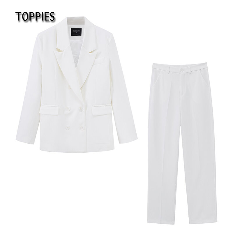 Toppies 2021ฤดูใบไม้ผลิ Blazer + กางเกงสุภาพสตรีชุดสตรี Double Breasted เสื้อสูงเอวกางเกง