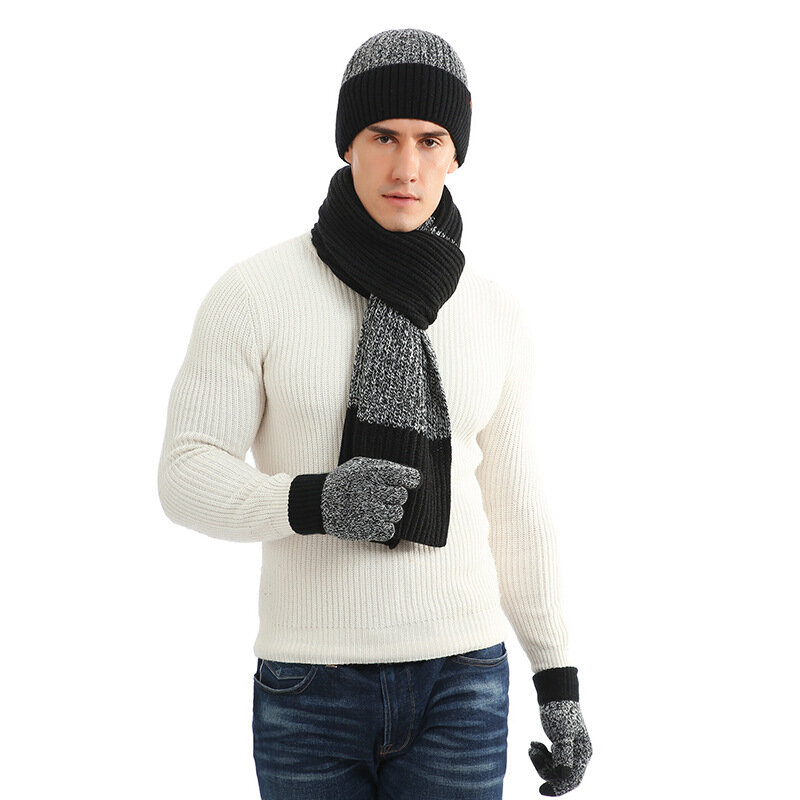 Sombrero de lana gruesa para hombre y mujer, traje cálido, gorros, bufandas, guantes, regalo de tres piezas para hombre, Otoño e Invierno