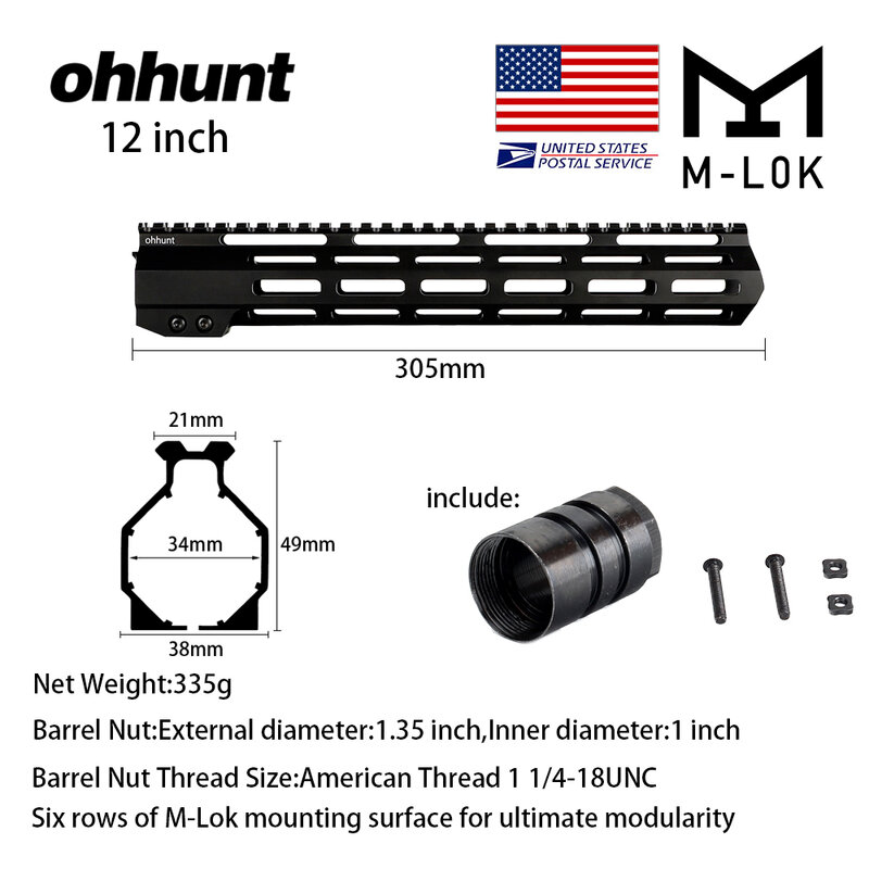 Ohhunt-Protector de manos Picatinny Rail, 7 "9" 10 "12" 13,5 "15" 17 "AR15, M-LOK de flotación libre, estilo delgado, tuerca de barril de acero, envío desde EE. UU.