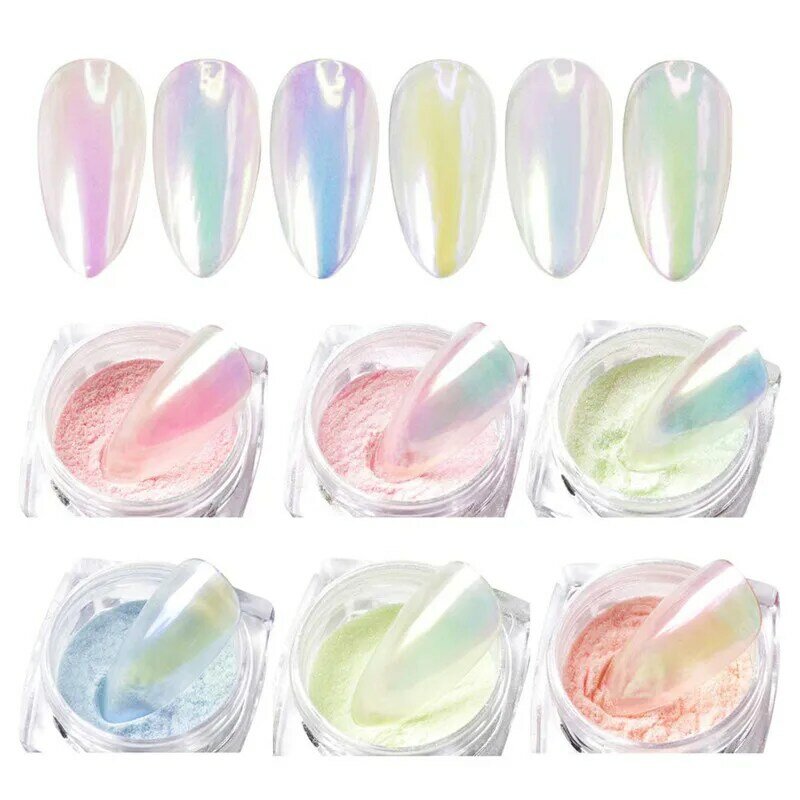 6 colores 0,4g perla polvo de uñas cromo brillo espejo efecto sirena Gel UV para arte de uñas pulido cromo escamas de pigmento polvo Decoración