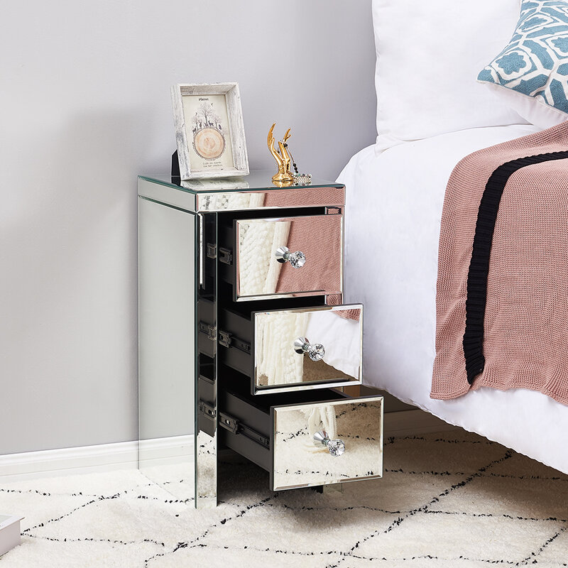 Panana-mesa de cabeceira com design minimalista, cabeceira espelhada, 3 gavetas, armário de cabeceira