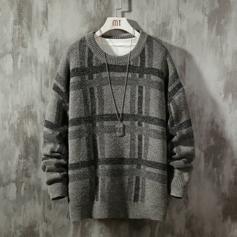 Nowy jesienno-zimowy męski sweter plus rozmiar 5 XL O szyi PLAID swobodny sweter męski Slim Fit marka dzianinowe swetry