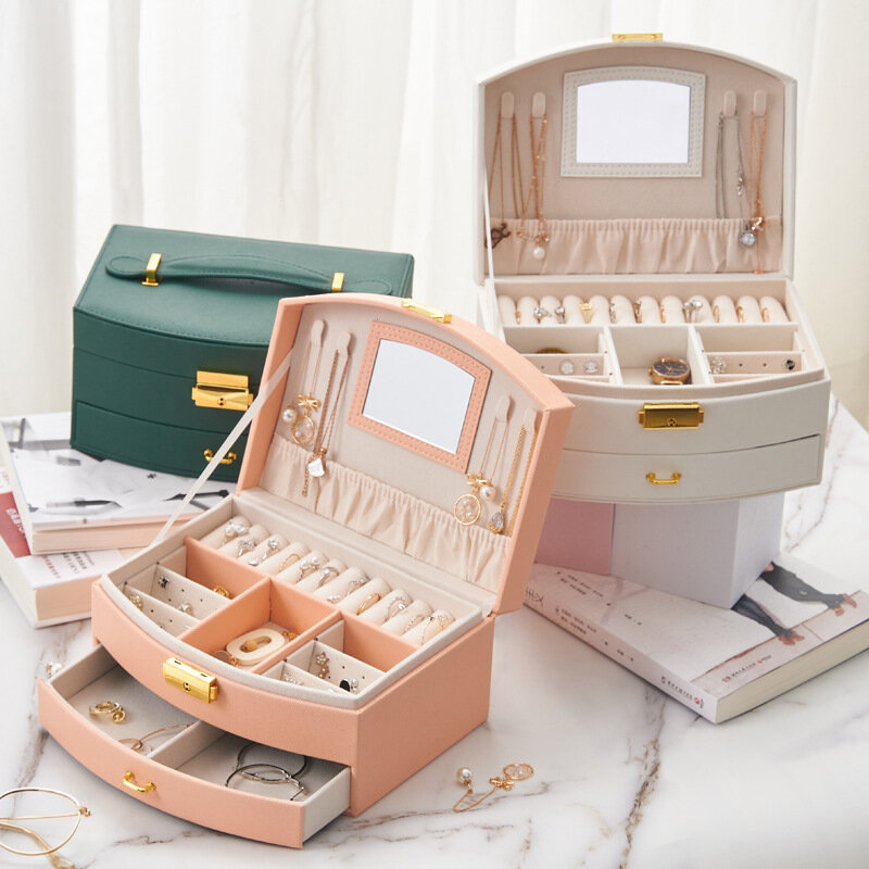 Kotak Organizer Perhiasan Tipe Laci Baru Kulit PU Anting-Anting 2 Lapis dan Penyimpanan Cermin Kalung dengan Tempat Casing Kunci