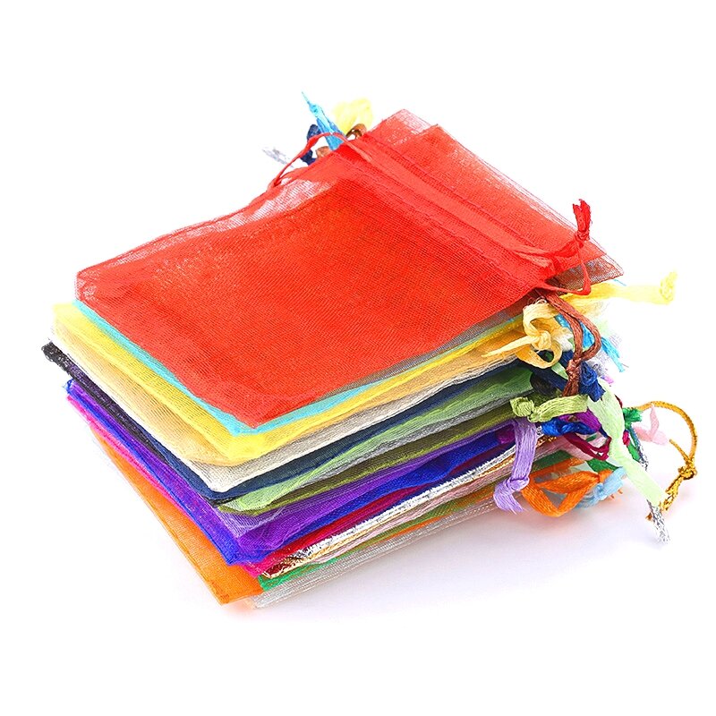 Bolsas coloridas de Organza con cordón para joyería, embalaje de joyería, bolsas de regalo de boda, 22 colores, 5x7, 7x9, 9x12cm, 50 Uds./lote