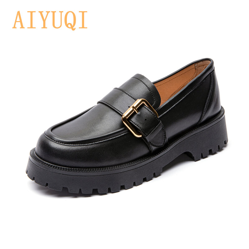 Women Shoes Genuine Leather 2022 Spring New British Style Thick-soled Pedal Shoes Female College Style Casual Lazy Shoes Ladies