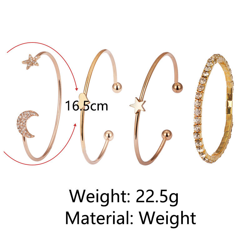 Bracelet ouvert en alliage pour femmes, 4 pièces, créatif, étoile à cinq branches, lune, combinaison de bijoux à la mode