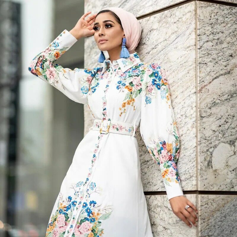 2021 Arab Women's Digital Print Mid-Waist Long Skirt Fashionable Puff Sleeve Lapel Robe Comfortable Soft Fabric Muslim Dress