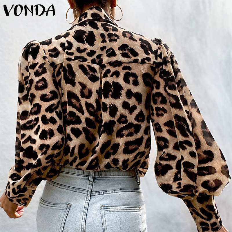 Frauen Büro Shirts 2022 VONDA Vintage Leopard Bluse Laterne Hülse Drehen-unten Kragen Button Up Bluse Elegante Party Tops femme