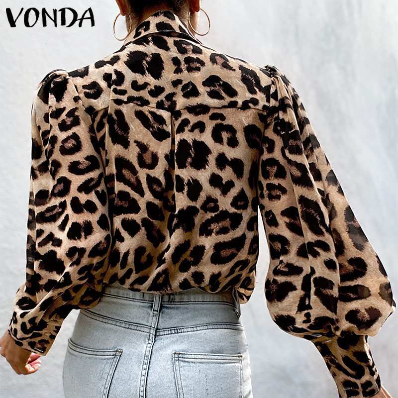 Vrouwen Office Shirts 2021 Vonda Vintage Luipaard Blouse Lantaarn Mouwen Turn-Down Kraag Button Up Blouse Elegante Partij Tops femme