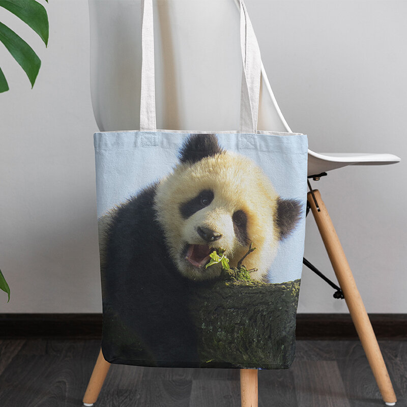 Cute Panda Women Canvas Bag Tiger Animal Handbag Large Capacity Travel Bag Reusable Shopping Bag Grocery Storage Bag Eco Bag