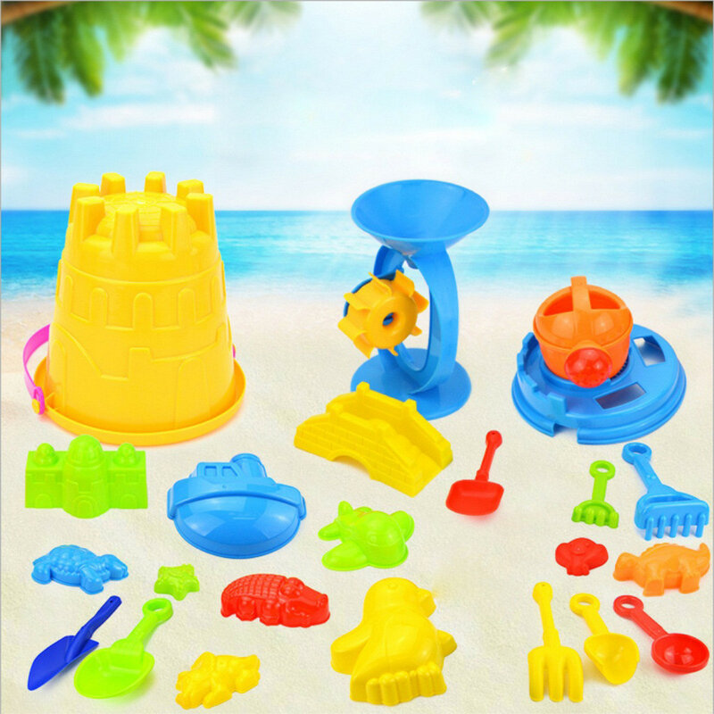 Children's beach suit, beach bucket, car, watering can, shovel, rake and sand Beach Play Sand Water Game Play Cart