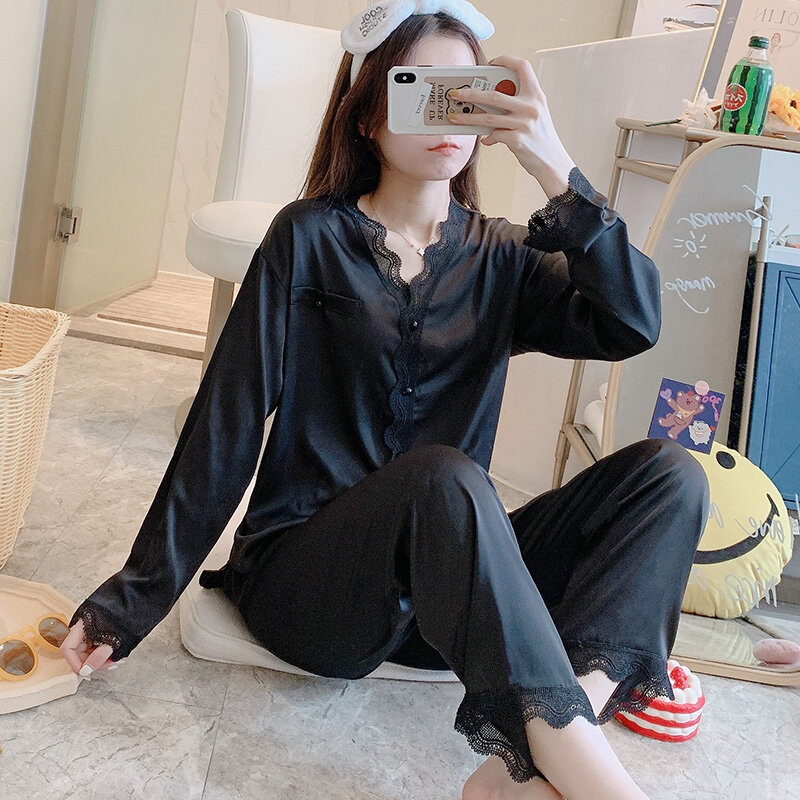 Black Lace Pajamas for Women Spring Autumn Minimalist Long Sleeve Cardigan Suit Students Summer and Winter Artificial Silk