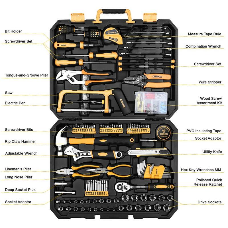 DEKO-Juego de herramientas de reparación de automóviles, paquete de combinación de herramientas de mano con caja de almacenamiento de plástico, llave de tubo, DKMT198