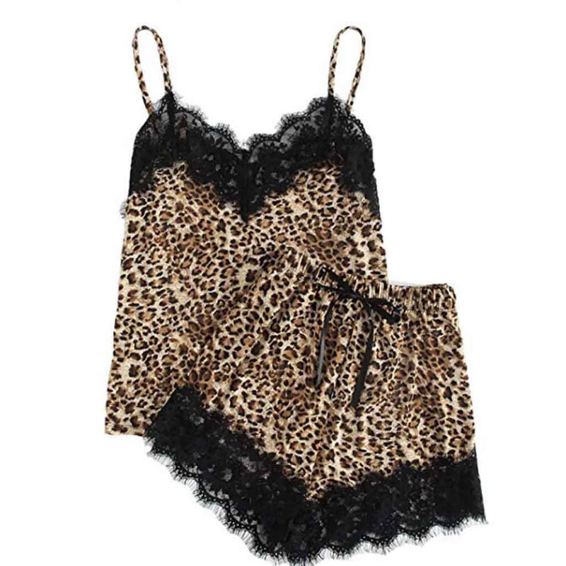 Conjunto de pijama de encaje con estampado de leopardo para mujer, ropa interior con cuello en V y pantalones cortos, de verano