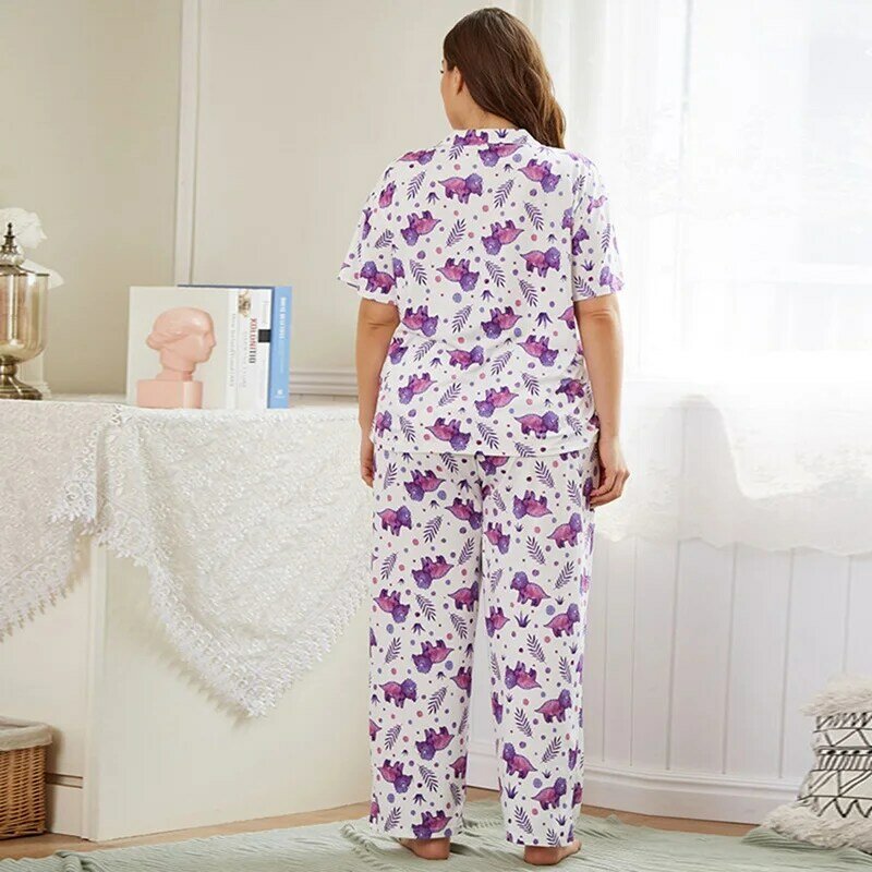 Feminino casual pijamas conjunto de manga curta impressão botão lapela serviço de casa conjunto de duas peças feminino verão conjunto de pijamas