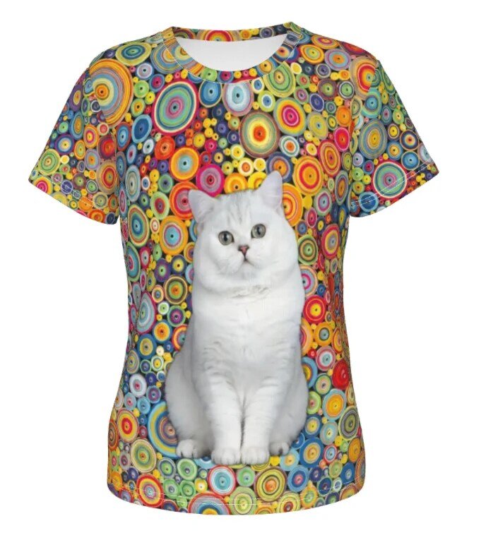 女性用3DプリントTシャツ,3D猫柄ブラウス,半袖Tシャツ,女性用スリムドローバックブラウス