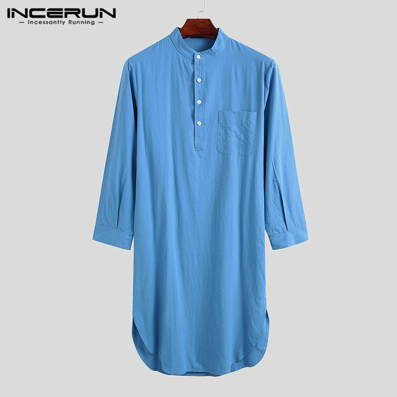INCERUN bawełna męska snu szaty jednolity kolor koszula nocna z długim rękawem O Neck rozrywka męskie szlafroki komfort 2021 Homewear Plus rozmiar