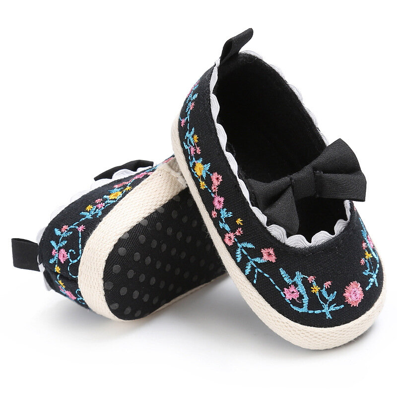 Sapatos para crianças com grande laço, bordado floral, para bebês recém-nascidos, sola macia, antiderrapante, para primeiros passos, sapatos de meninas