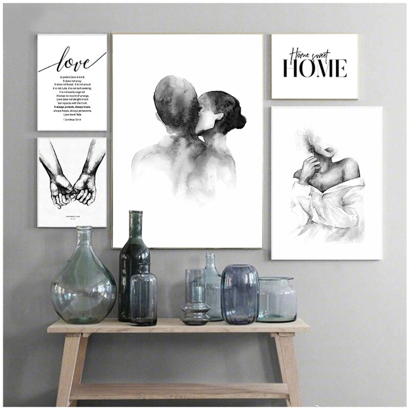 Nordic Black White Shoulder Kiss Hand Wall Art Canvas Poster Minimalist PrintLove Quotes Painting Picture for Living Room Decor