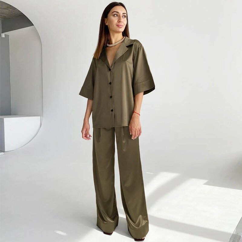 Hiloc sólido manga gota pijama turn-down colarinho 2 peça conjunto pijama feminino com calças 2021 primavera profundo v-neck sleepwear cetim