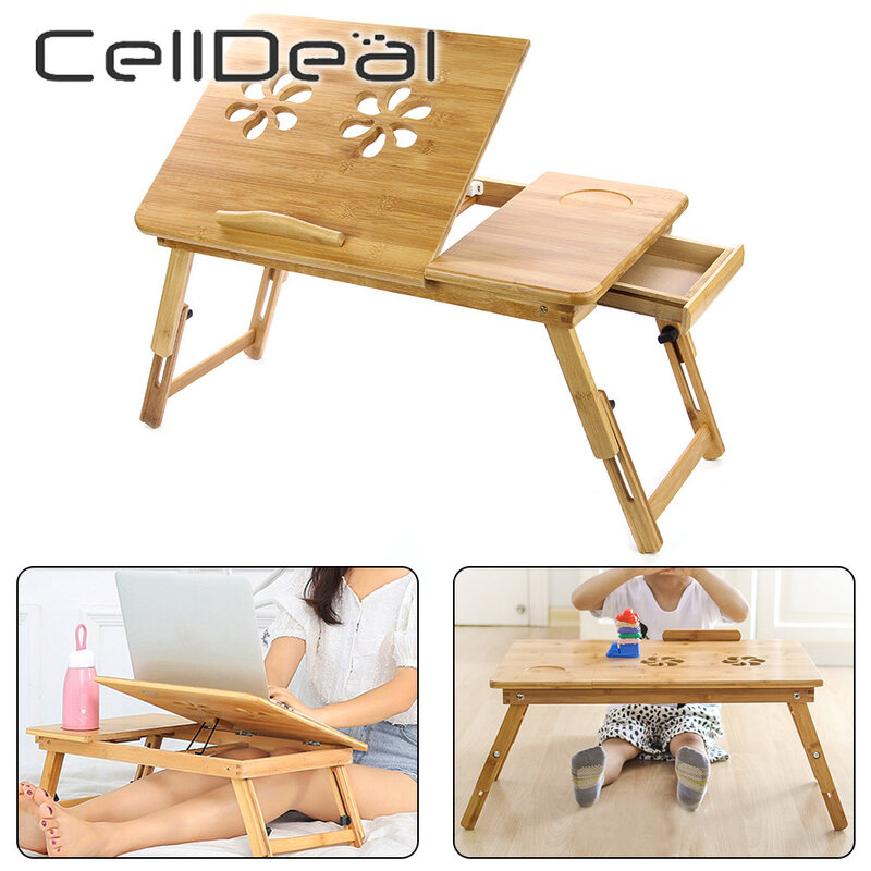 CellDeal Bamboo Adjustable Laptop Desk Foldable Computer Table Stand Tray Bedroom Living Room Notebook Coffee Table with Drawer