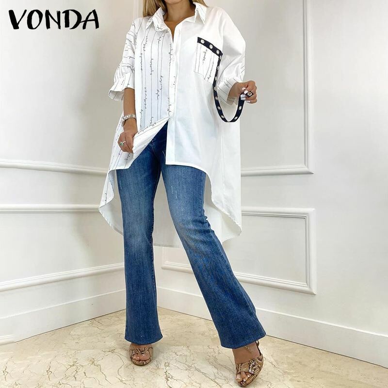 Camicie eleganti da donna VONDA 2021 camicette con stampa a righe a mezza manica Casual femminile cintura Sexy da donna collo con risvolto top irregolari