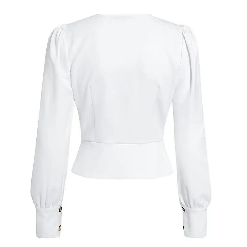 Mossha Vintage White V Neck Female Blouses Puff Casual Blusa Mujer Office white blouse women Elegant Long Sleeve Women Top new