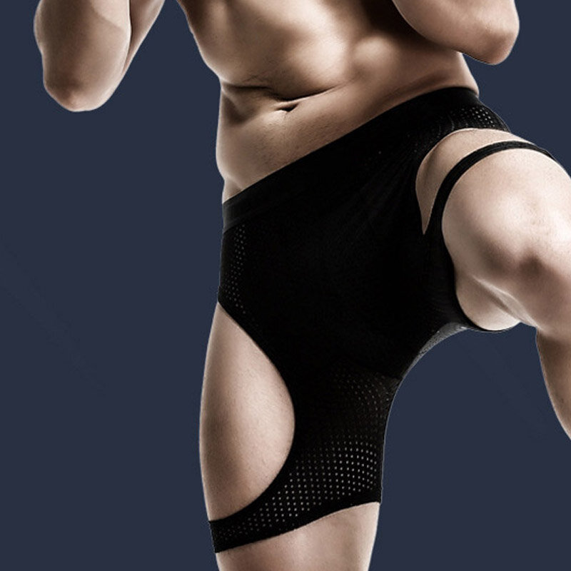 Homens boxer longo shorts underwear homens sexy gelo seda oco malha calcinha masculino anti-wear perna cuecas esportes correndo calças curtas