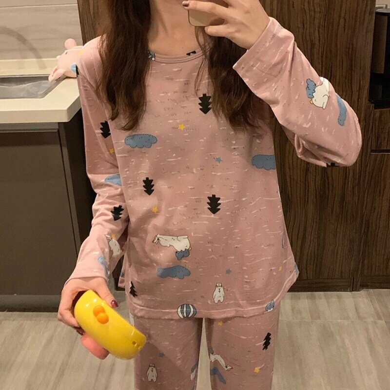 2021 New Spring and Autumn Outer Wear Western Style Cute Sweet Leisure Loose Long-Sleeved Pajamas Homewear Suit for Female