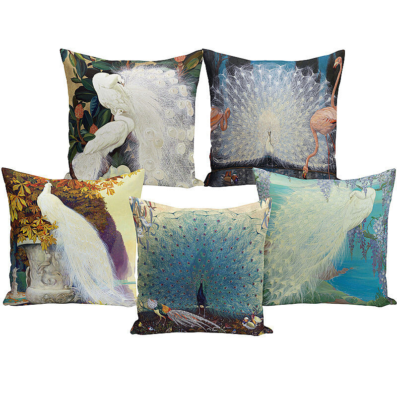 ヴィンテージ油絵クッションカバー45 × 45センチメートルブルー白孔雀装飾的な投球枕のためのホームソファ装飾