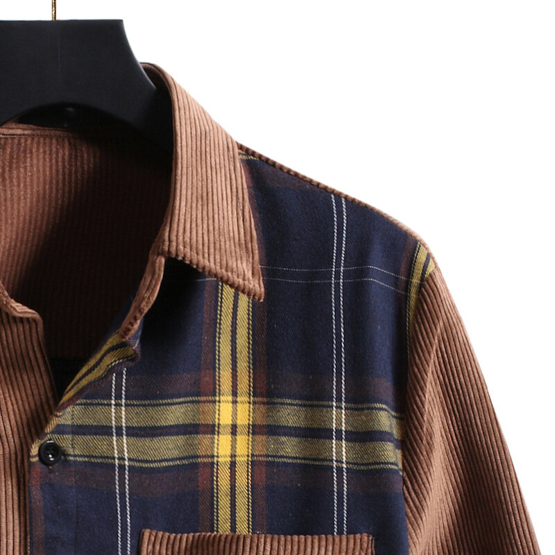 Outono dos homens retalhos xadrez vestido camisa 2021 moda veludo manga longa botão para baixo camisas harajuku streetwear