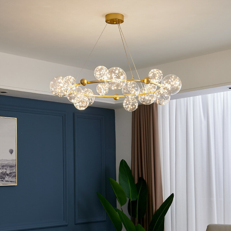 Nordique Led boule de verre lustre avec télécommande longue bague doré salon salle à manger pendentif décoration de la maison éclairage intérieur