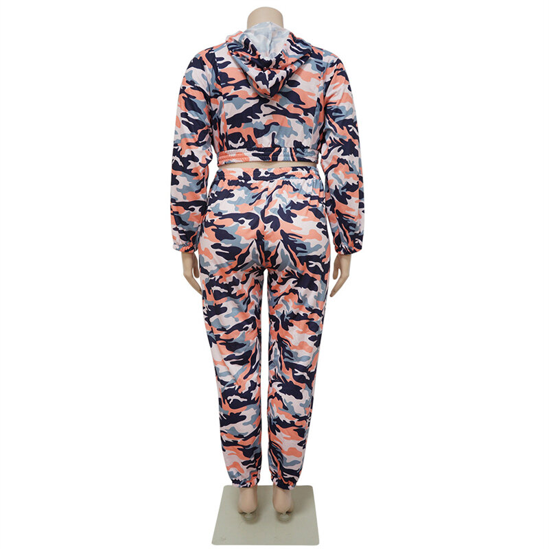 HAOOHU – ensemble de Sport pour femme, haut à capuche, manches longues, pantalon de Camouflage, survêtement, grande taille, automne