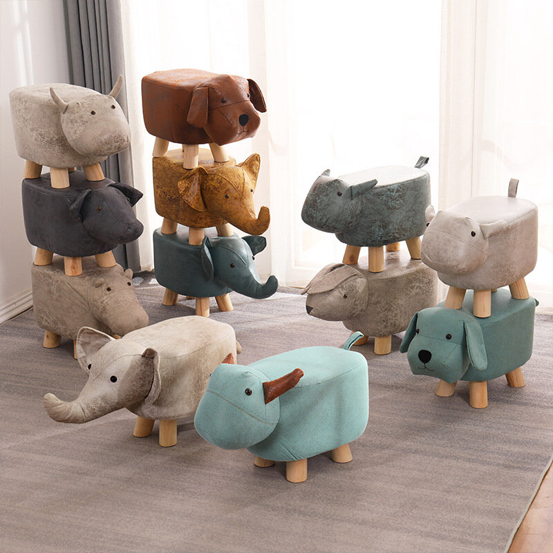 Banqueta de madeira sólida com desenho de animal, criativa para crianças, com desenho de elefante