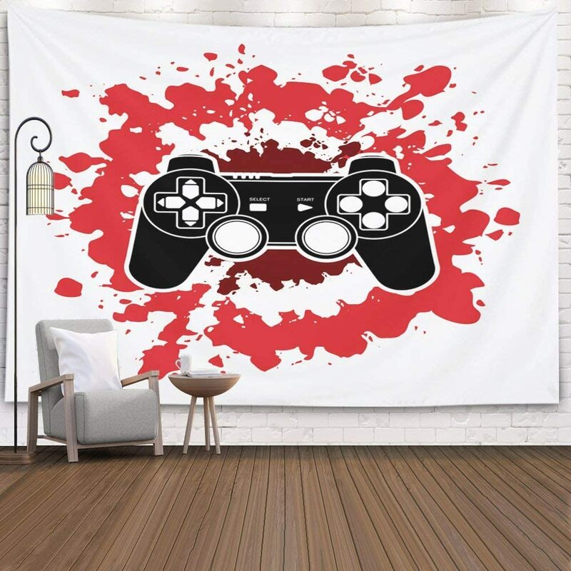 Gaming Wall Tapestry, Vintage Monochrome Gaming Skeleton Holding Showing Rock Gesture Tapestry Wall Art Tapestries Hanging for D
