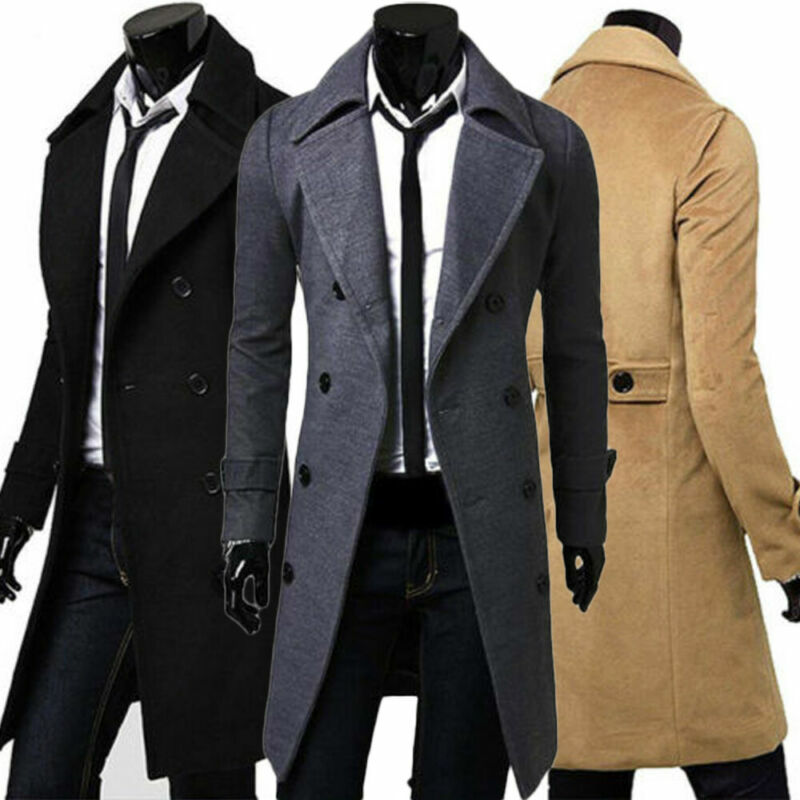 Gabardina larga para hombre, chaqueta de lana delgada de color negro, a la moda, para Otoño e Invierno