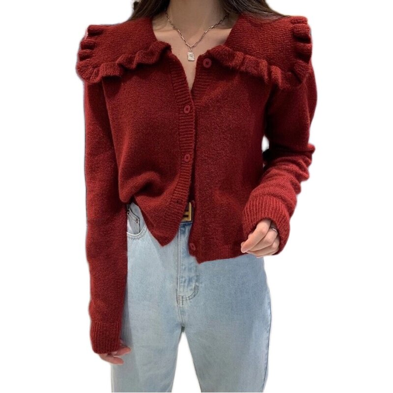 เสื้อกันหนาวผู้หญิง Retro Lady ถัก Cardigan น่ารัก Turn-Down ปลอกคอแขนยาวปุ่มหวานขายส่งฤดูหนาวหญิงเสื้อผ้า