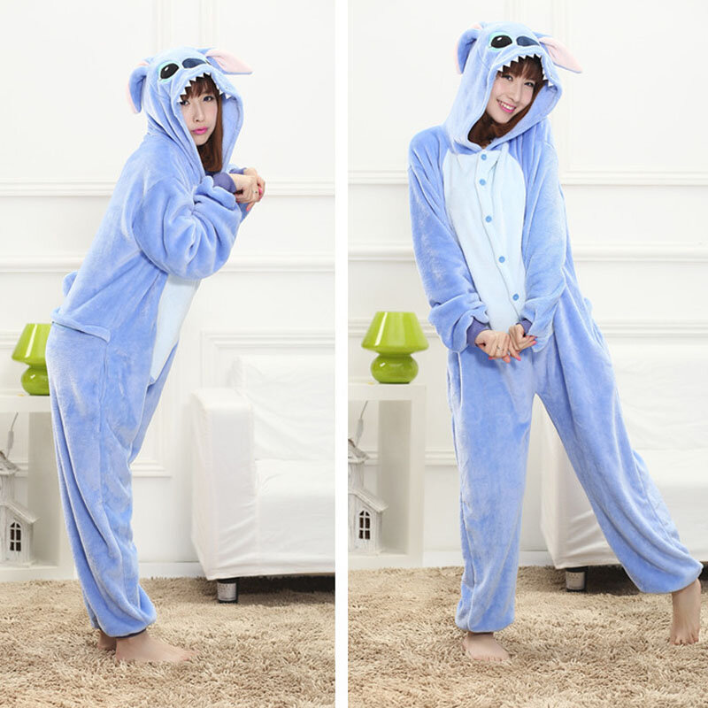 Blue Stitch Animel Cosplay Kigurumi Adult Women Pijama Stich Winter Warm Onesie Funny Soft Cute Jumpsuit For Girls