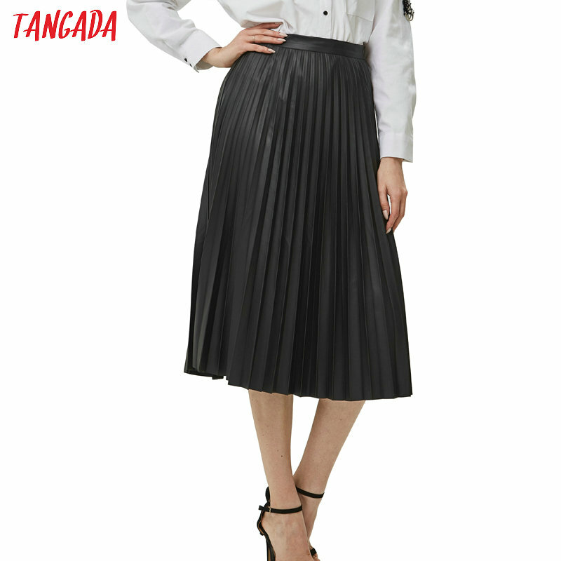 Tangada 여성 블랙 기본 pleated 미디 스커트 faldas mujer 빈티지 사이드 지퍼 플라이 솔리드 여성 캐주얼 세련된 중반 송아지 스커트 6a68