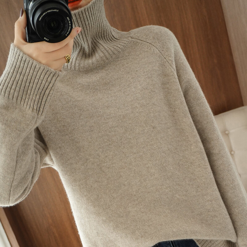 Suéter de cachemira de cuello alto para mujer, suéter grueso suelto de lana 100 que combina con todo, camisa de punto, otoño e invierno, nuevo
