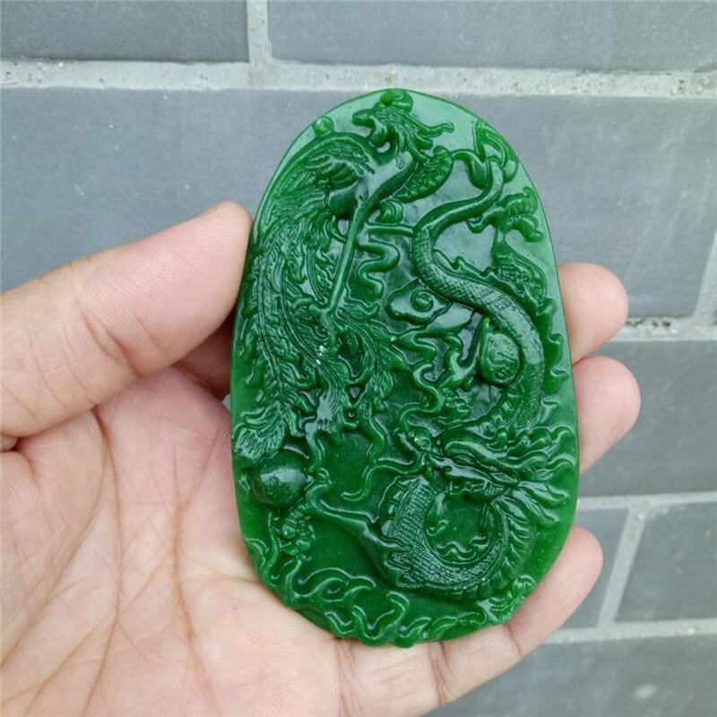 自然な中国の翡翠ネックレス,緑と緑の彫刻が施されたドラゴンとフェニックスのペンダント,ファッショナブルで絶妙なジュエリーギフト