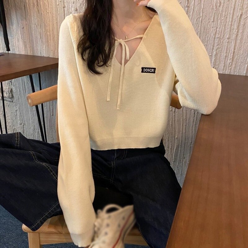 Suéter feminino manga comprida gola v, blusão feminino casual curto malha