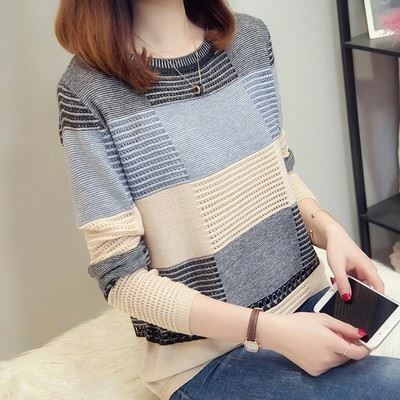 Suéter de punto liso con cuello redondo para mujer, Jersey informal de manga larga a rayas, holgado, de retales, para invierno y otoño