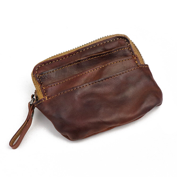 Porte-cartes en cuir véritable à première couche, portefeuille, sac à monnaie, porte-monnaie à fermeture éclair, design vintage