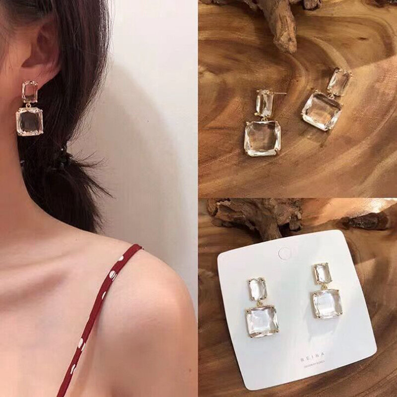 Korean New Style Luxury Elegant Shiny Square Crystal Dangle Earrings For Female Party  Daily Jewelry