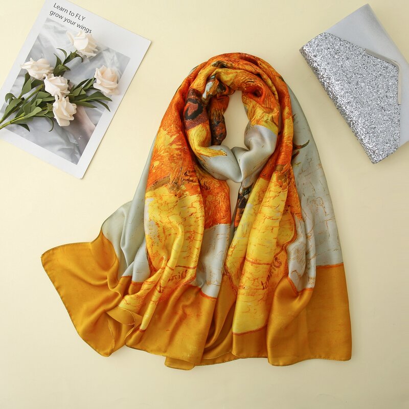 Bufanda de pintura de girasol para mujer, pañuelo femenino con patrón de lujo para fiesta, bufanda única