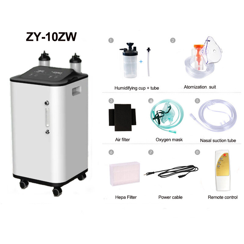 ZY-10ZW 10L ภาษาอังกฤษรุ่นปรับออกซิเจน Concentrator Care ออกซิเจน Concentrator คู่น้ำขวด Breathing Tube