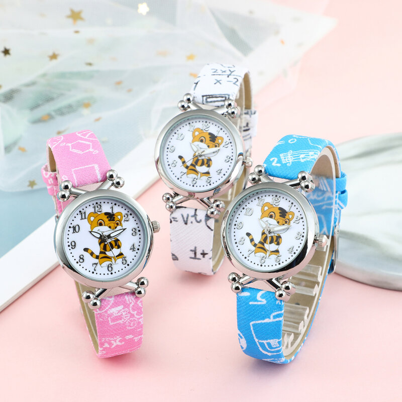Лидер продаж, модные брендовые Детские кварцевые часы с милым тигром из мультфильма, детские наручные часы с кожаным браслетом для девочек ...